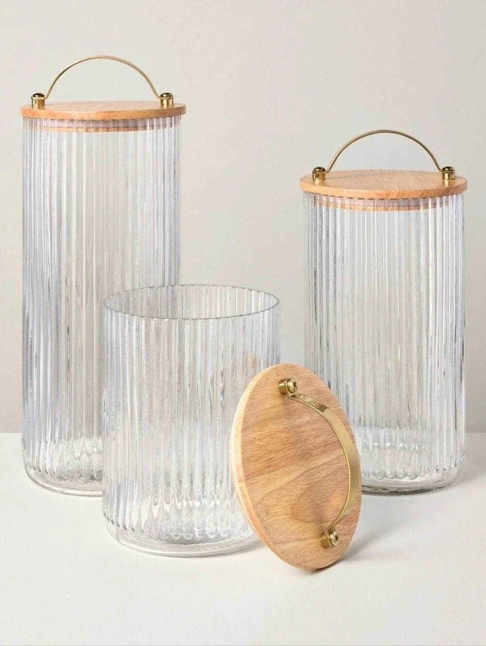 Set Of 3 Fluted Glass Storage Canisters With Wooden Lids Hearth & Hand